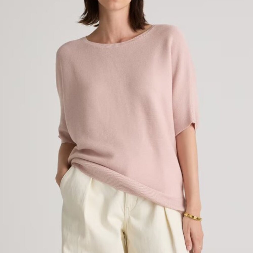 Quince Lightweight Cotton Cashmere Link-Stitch Dolman Sweater, Sugar Stone, S